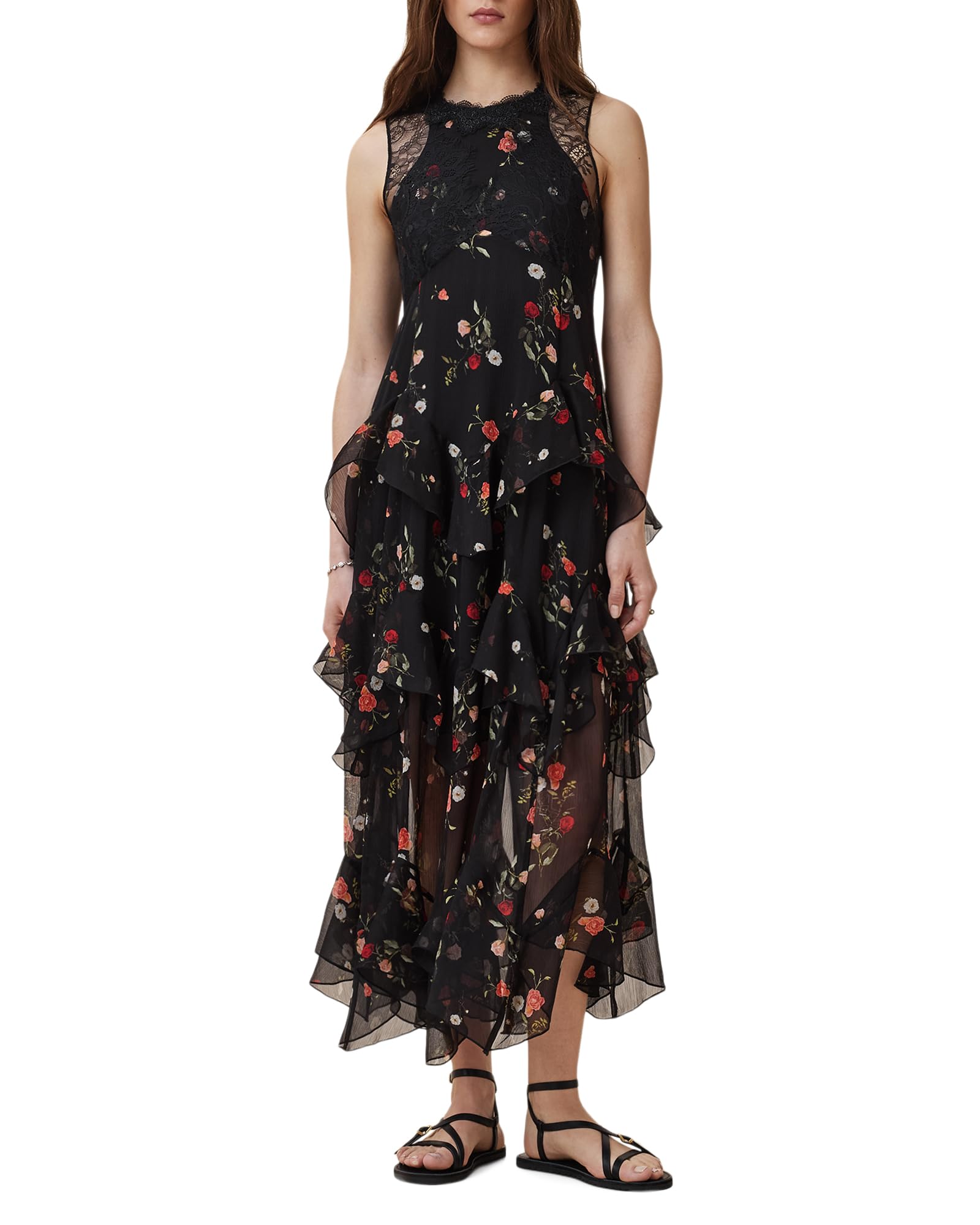 Black lace patchwork floral ruffle dress - Image 4