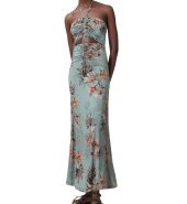 Mint Green Floral Print Halter Neck Drawstring Maxi Dress