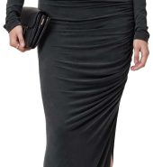 Dark grey cross-neck pleated fitted dress