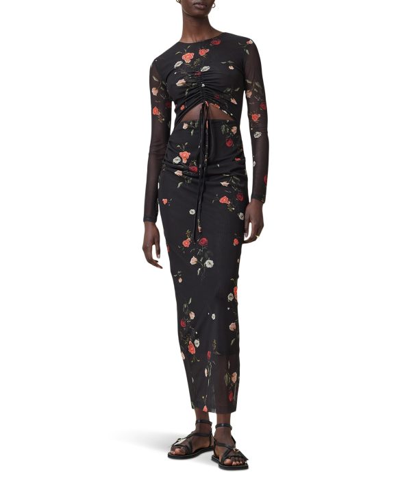 Black floral print mesh drawstring waist suit