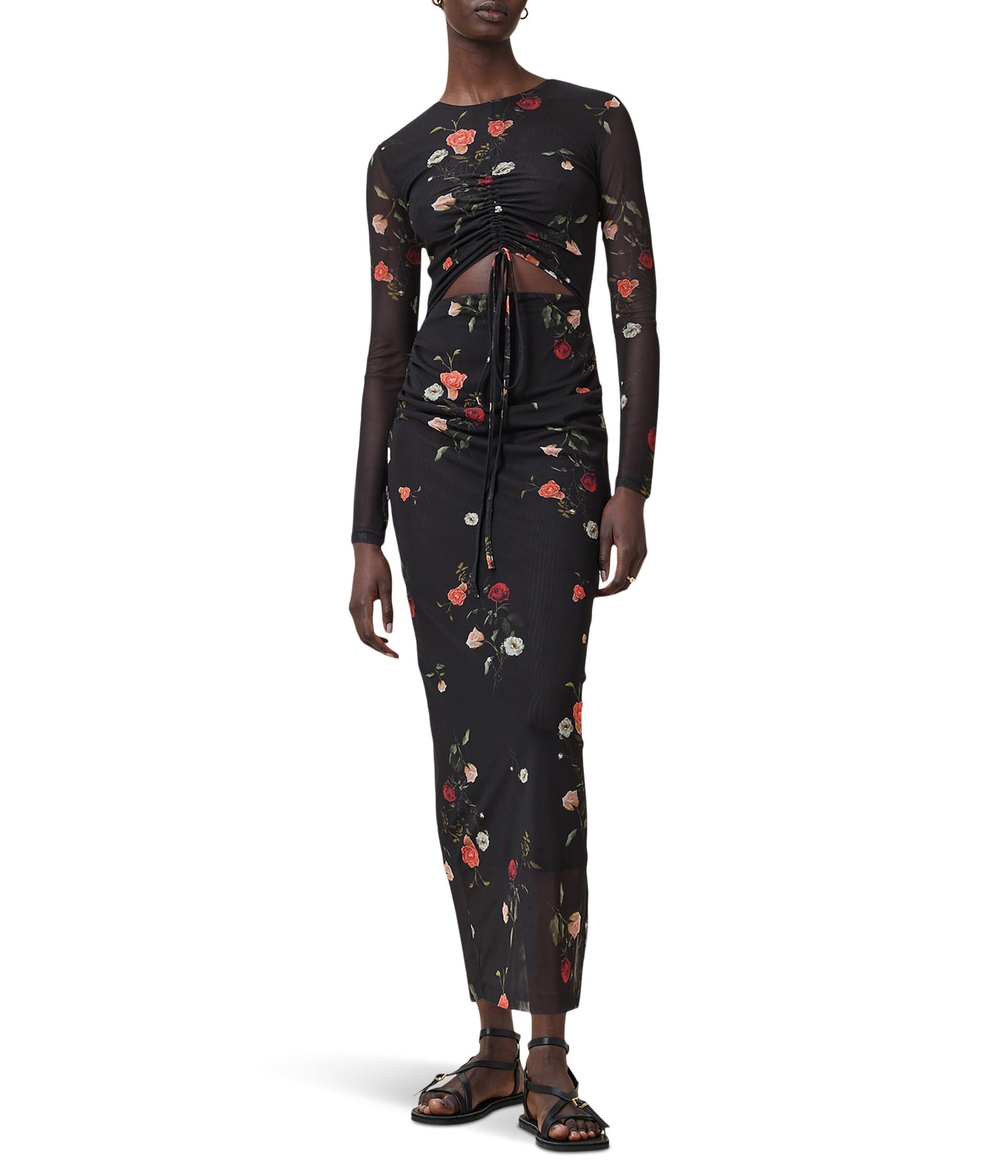 Black floral print mesh drawstring waist suit