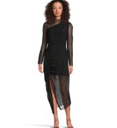 Black mesh patchwork pleated slit dress