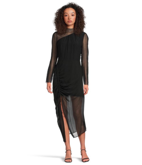 Black mesh patchwork pleated slit dress