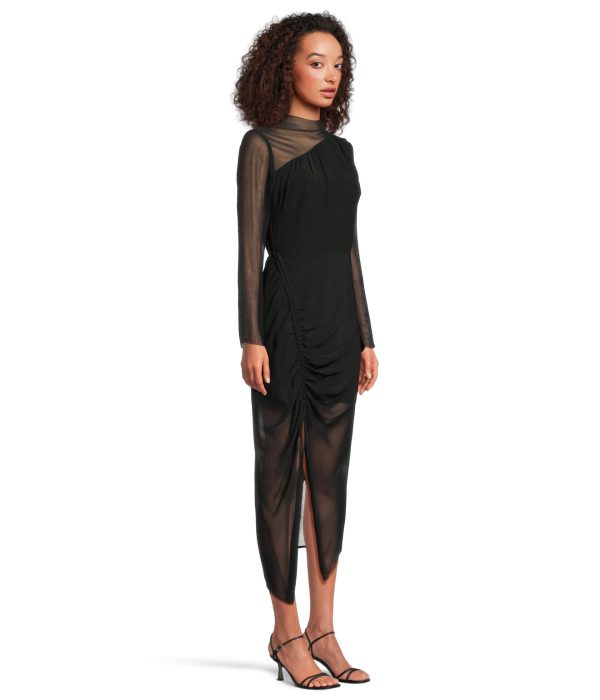 Black mesh patchwork pleated slit dress - Image 3