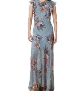 Gray-blue floral print long dress with flying sleeves