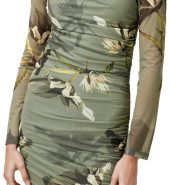 Olive Green Floral Print Mesh Pleated Slit Dress