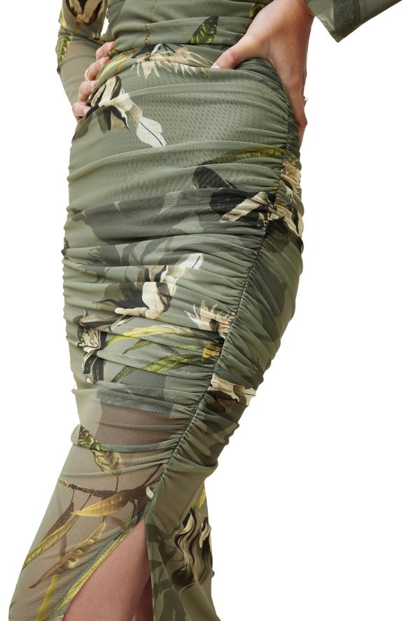 Olive Green Floral Print Mesh Pleated Slit Dress - Image 4