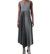 Grey V-Neck Slip-On Pleated Dress